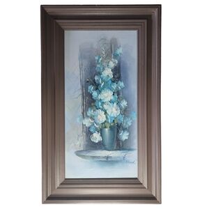 Vintage B. Sokal Blue Floral Oil Painting Textured Palette Knife Framed Wall Art